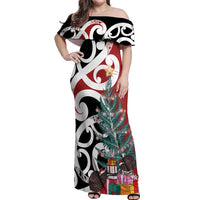 New Zealand Silver Fern Christmas Tree Off Shoulder Maxi Dress Meri Kirihimete LT7 Women Red - Polynesian Pride