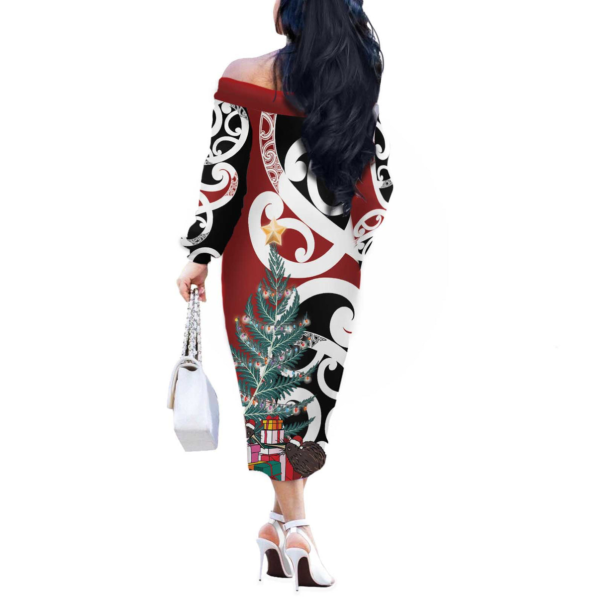 New Zealand Silver Fern Christmas Tree Off The Shoulder Long Sleeve Dress Meri Kirihimete LT7 - Polynesian Pride
