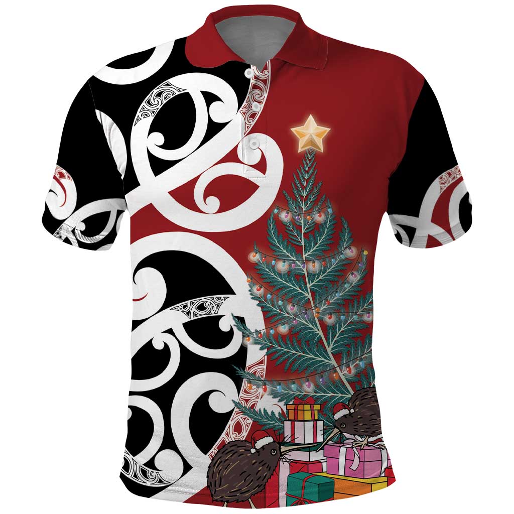 New Zealand Silver Fern Christmas Tree Polo Shirt Meri Kirihimete LT7 Red - Polynesian Pride