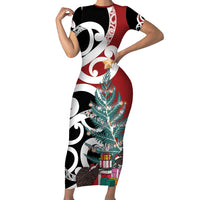 New Zealand Silver Fern Christmas Tree Short Sleeve Bodycon Dress Meri Kirihimete LT7 Long Dress Red - Polynesian Pride
