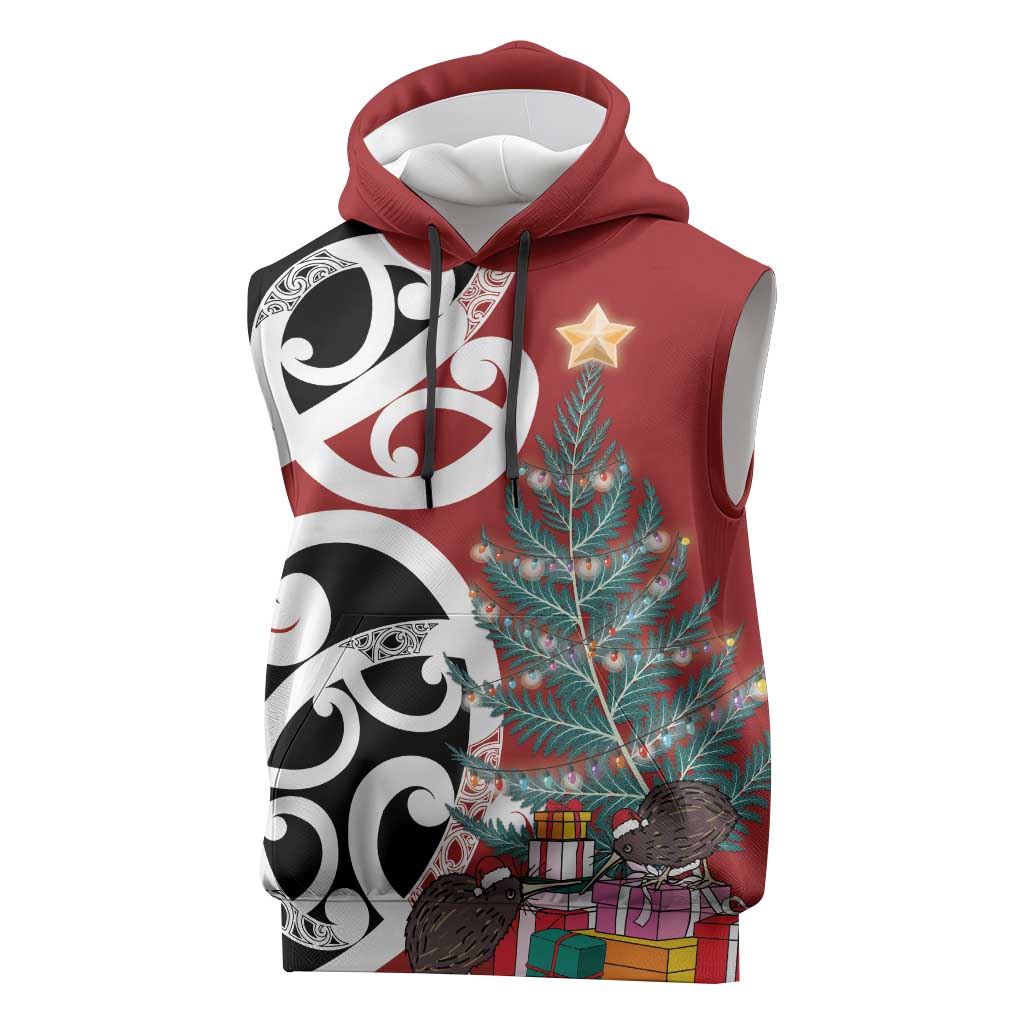 New Zealand Silver Fern Christmas Tree Sleeveless Hoodie Meri Kirihimete LT7 Red - Polynesian Pride