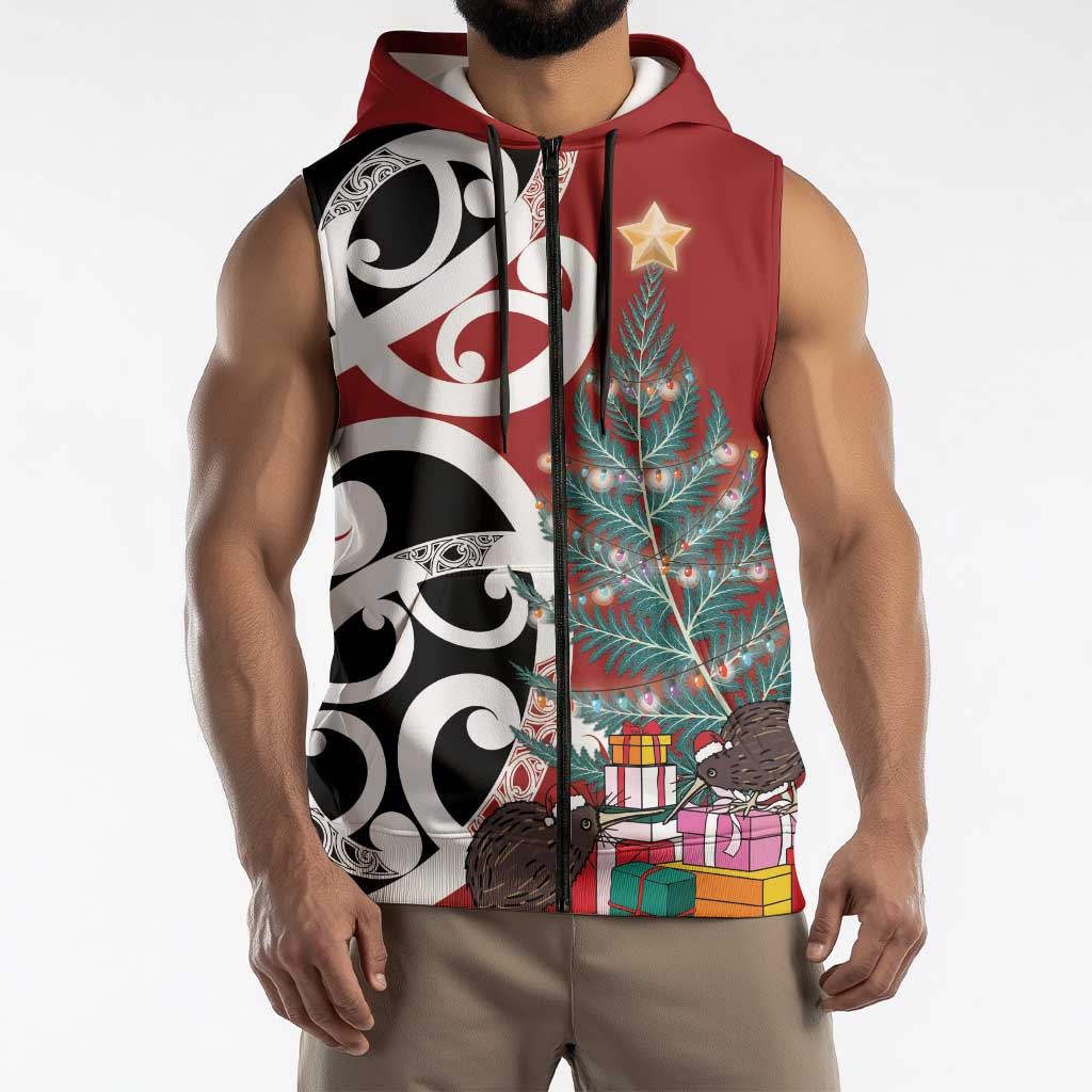 New Zealand Silver Fern Christmas Tree Sleeveless Zip Hoodie Meri Kirihimete LT7 - Polynesian Pride