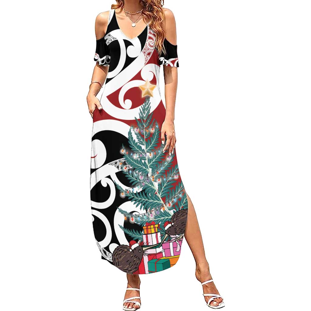 New Zealand Silver Fern Christmas Tree Summer Maxi Dress Meri Kirihimete LT7 Women Red - Polynesian Pride