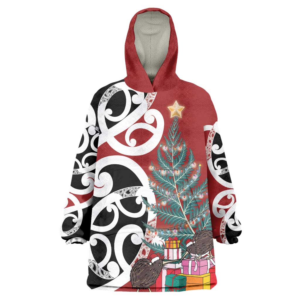 New Zealand Silver Fern Christmas Tree Wearable Blanket Hoodie Meri Kirihimete LT7 One Size Red - Polynesian Pride
