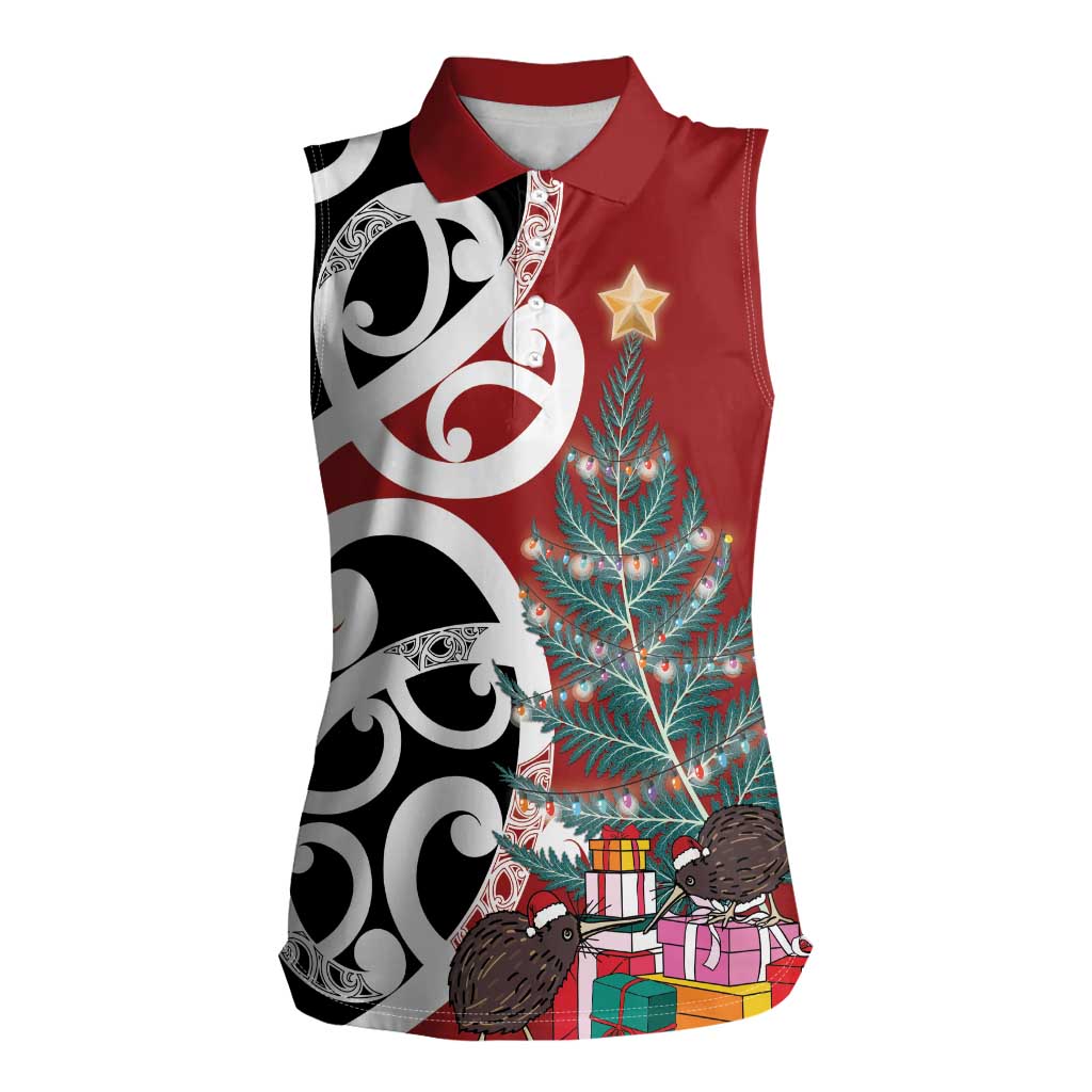New Zealand Silver Fern Christmas Tree Women Sleeveless Polo Shirt Meri Kirihimete LT7 Female Red - Polynesian Pride