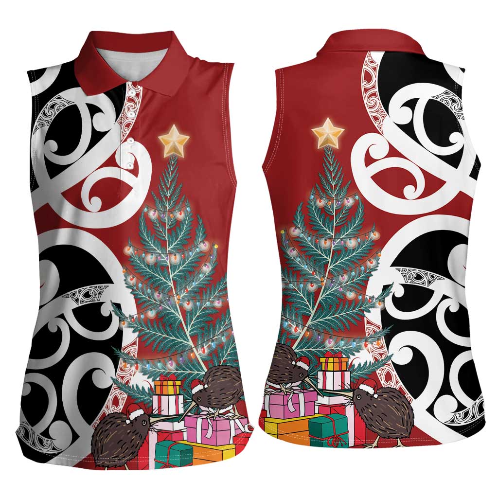 New Zealand Silver Fern Christmas Tree Women Sleeveless Polo Shirt Meri Kirihimete LT7 - Polynesian Pride