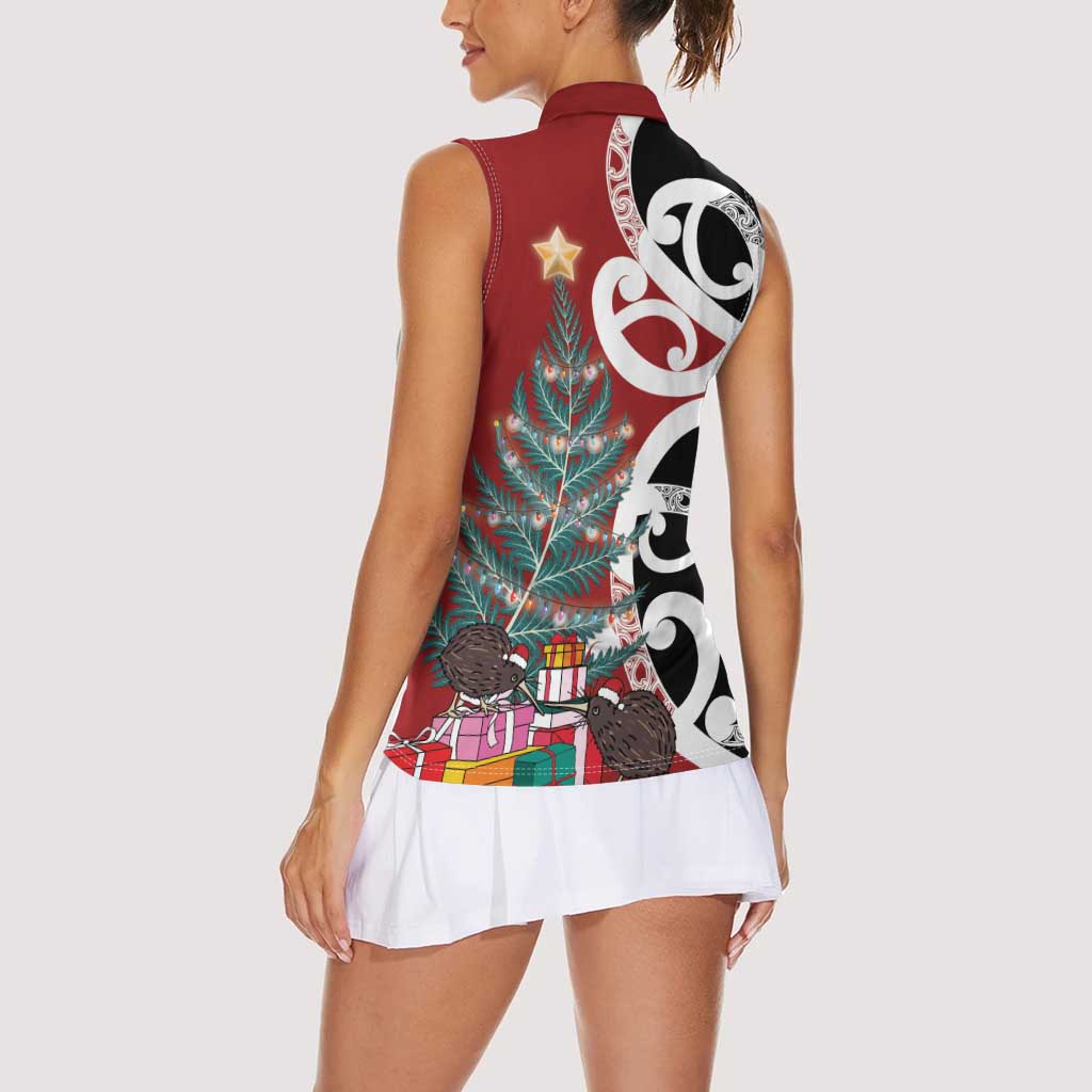 New Zealand Silver Fern Christmas Tree Women Sleeveless Polo Shirt Meri Kirihimete LT7 - Polynesian Pride