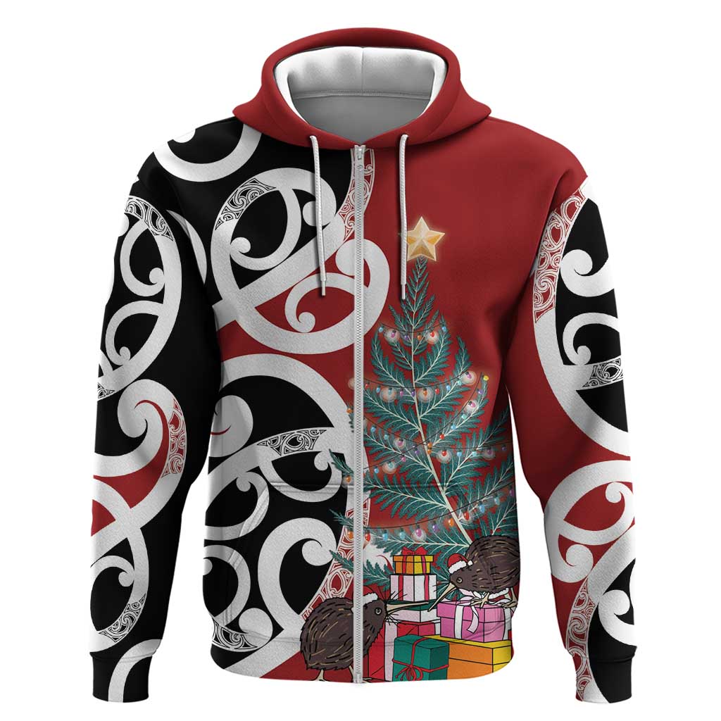 New Zealand Silver Fern Christmas Tree Zip Hoodie Meri Kirihimete LT7 Zip Hoodie Red - Polynesian Pride