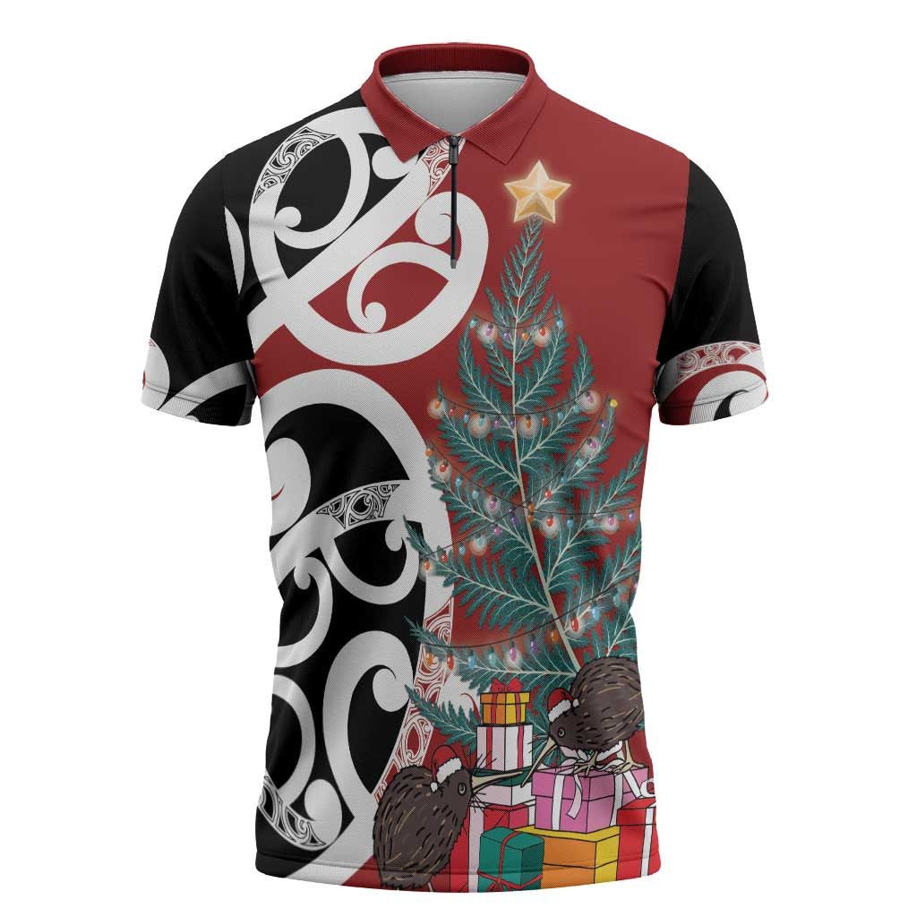 New Zealand Silver Fern Christmas Tree Zipper Polo Shirt Meri Kirihimete LT7 Red - Polynesian Pride