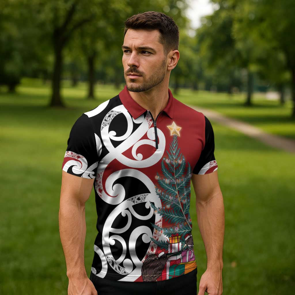 New Zealand Silver Fern Christmas Tree Zipper Polo Shirt Meri Kirihimete LT7 - Polynesian Pride
