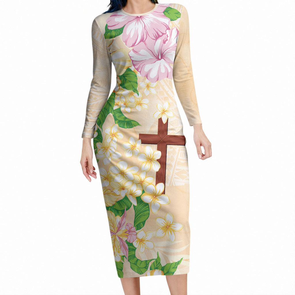 Samoa AIGA Floral Theme Long Sleeve Bodycon Dress Always In God's Arms