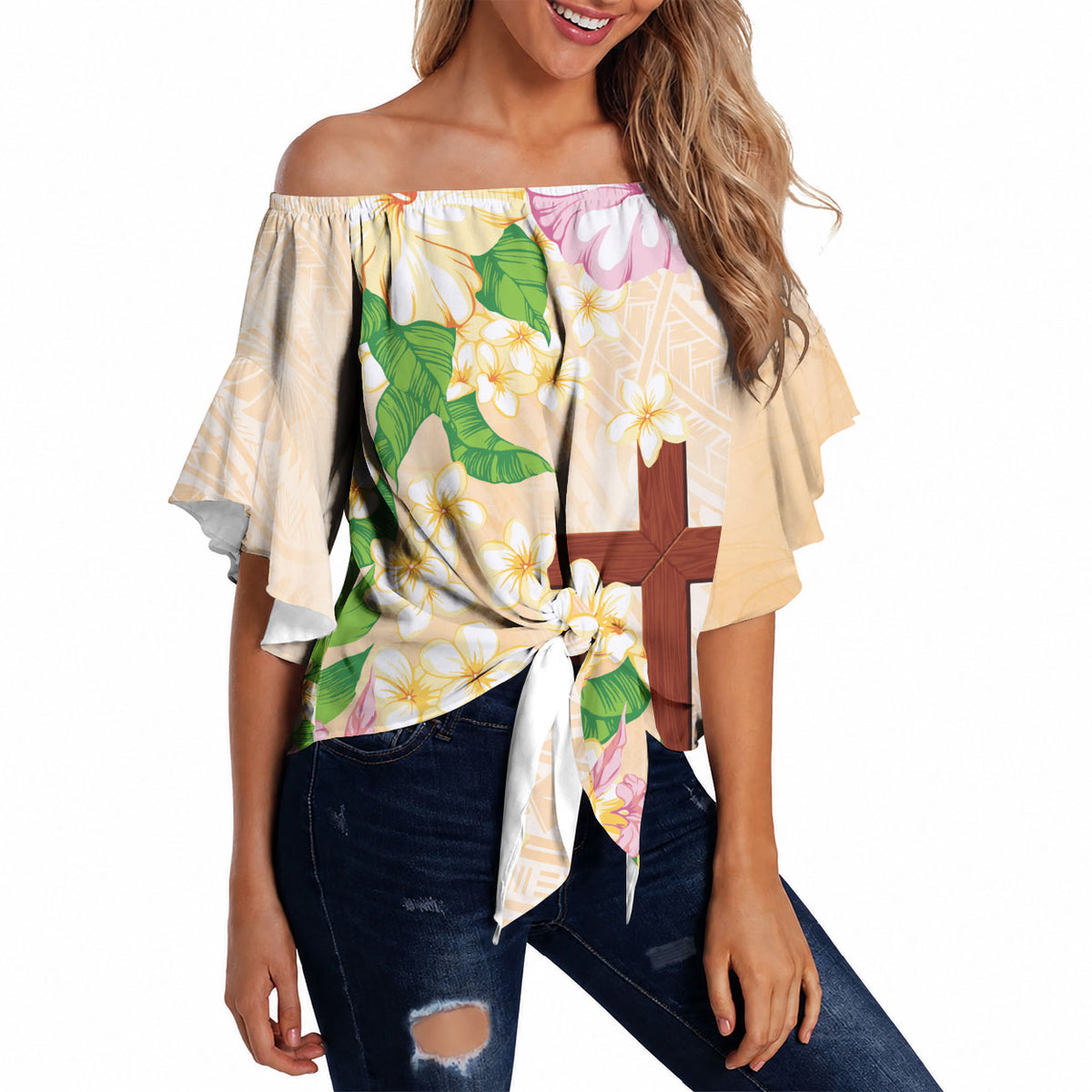 Samoa AIGA Floral Theme Off Shoulder Wrap Waist Top Always In God's Arms