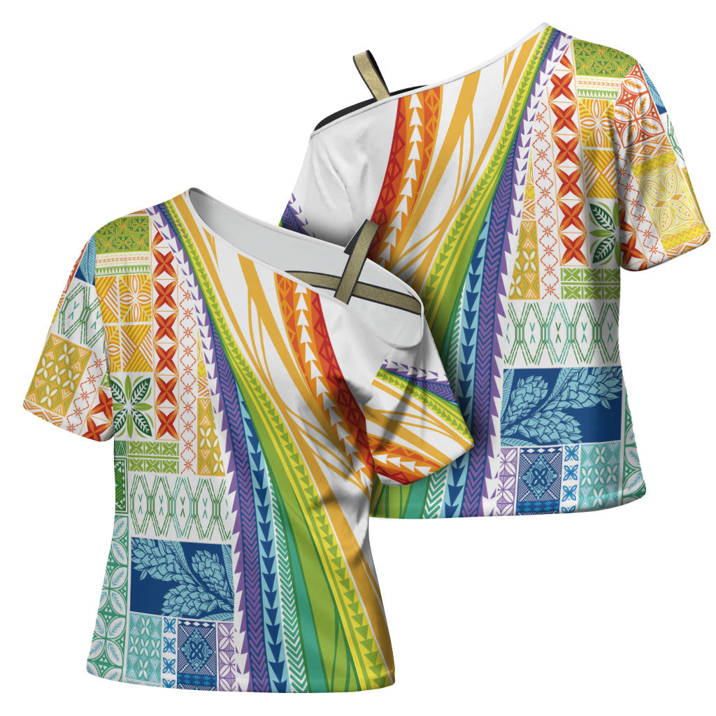 Pasifika Samoa Siapo Malu Tattoo Inspired Cross Shoulder Shirt Fa'afafine Rainbow Theme