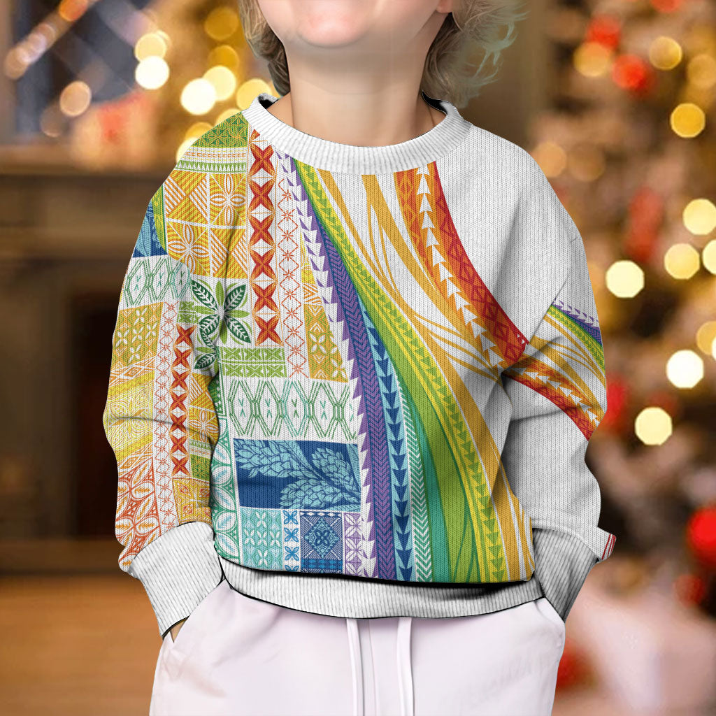 Pasifika Samoa Siapo Malu Tattoo Inspired Kid Ugly Christmas Sweater Fa'afafine Rainbow Theme