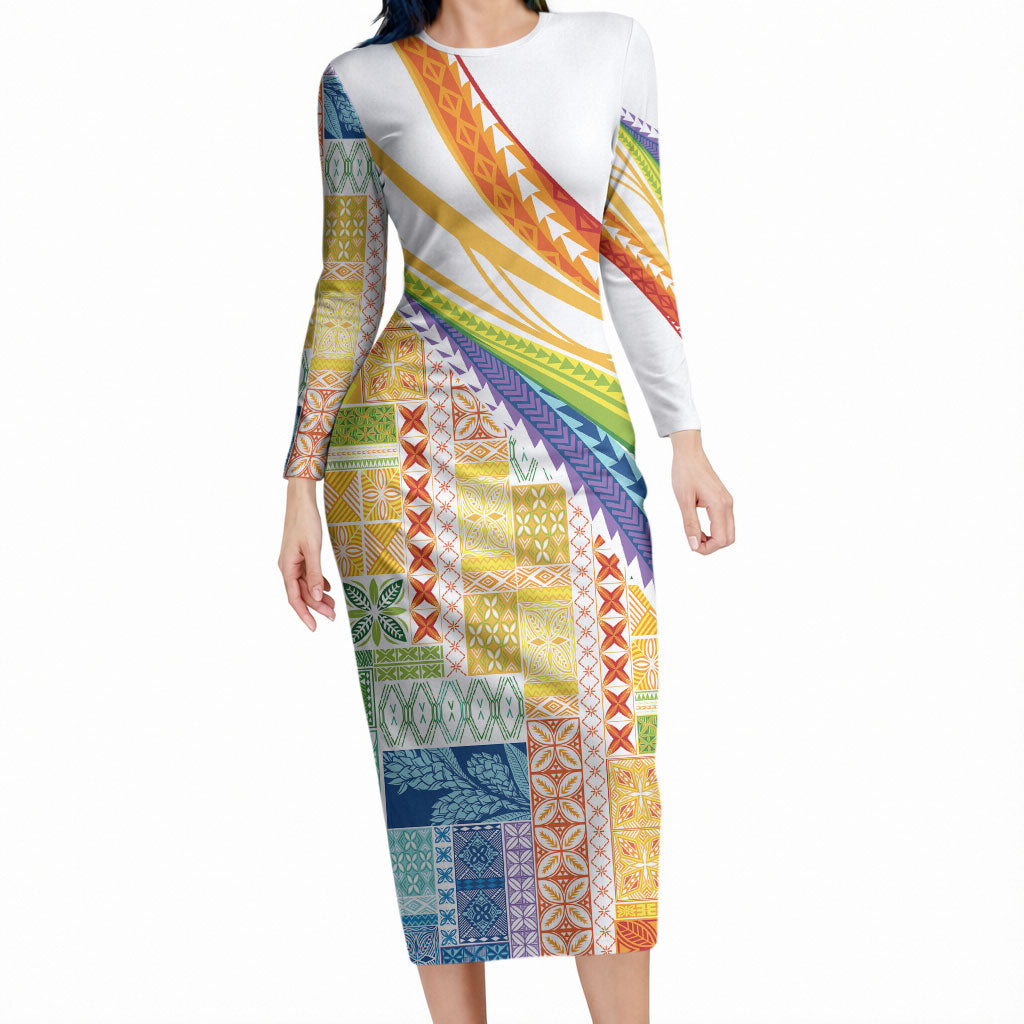 Pasifika Samoa Siapo Malu Tattoo Inspired Long Sleeve Bodycon Dress Fa'afafine Rainbow Theme