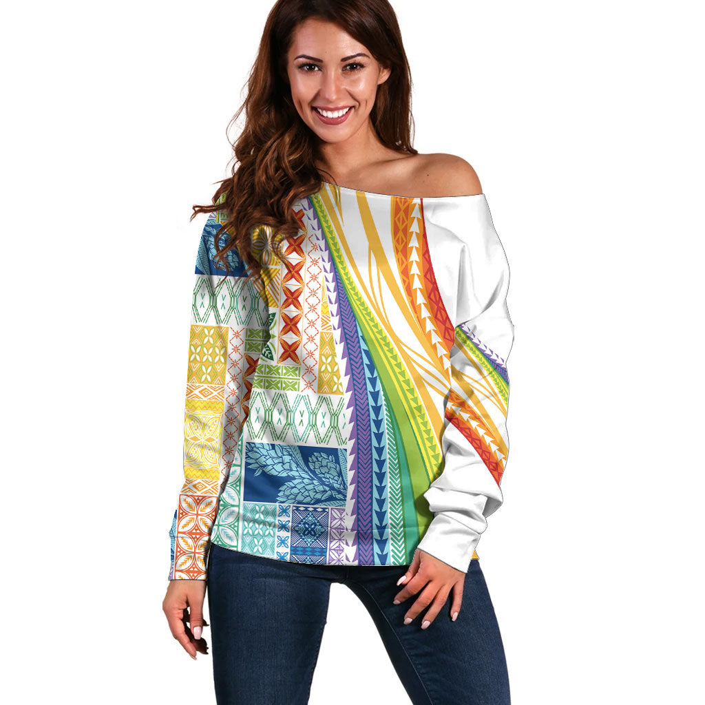 Pasifika Samoa Siapo Malu Tattoo Inspired Off Shoulder Sweater Fa'afafine Rainbow Theme