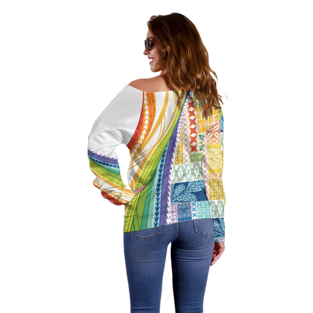Pasifika Samoa Siapo Malu Tattoo Inspired Off Shoulder Sweater Fa'afafine Rainbow Theme