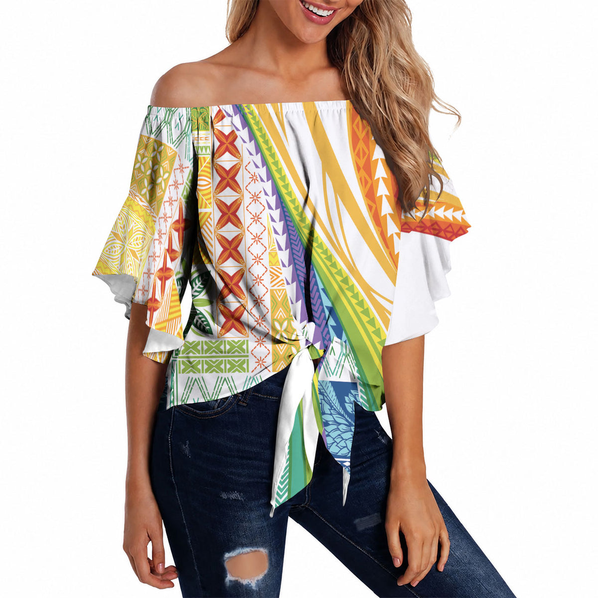 Pasifika Samoa Siapo Malu Tattoo Inspired Off Shoulder Wrap Waist Top Fa'afafine Rainbow Theme