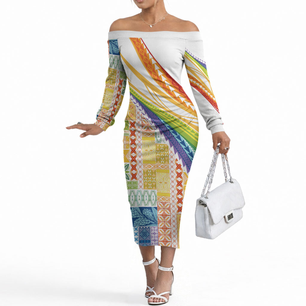Pasifika Samoa Siapo Malu Tattoo Inspired Off The Shoulder Long Sleeve Dress Fa'afafine Rainbow Theme