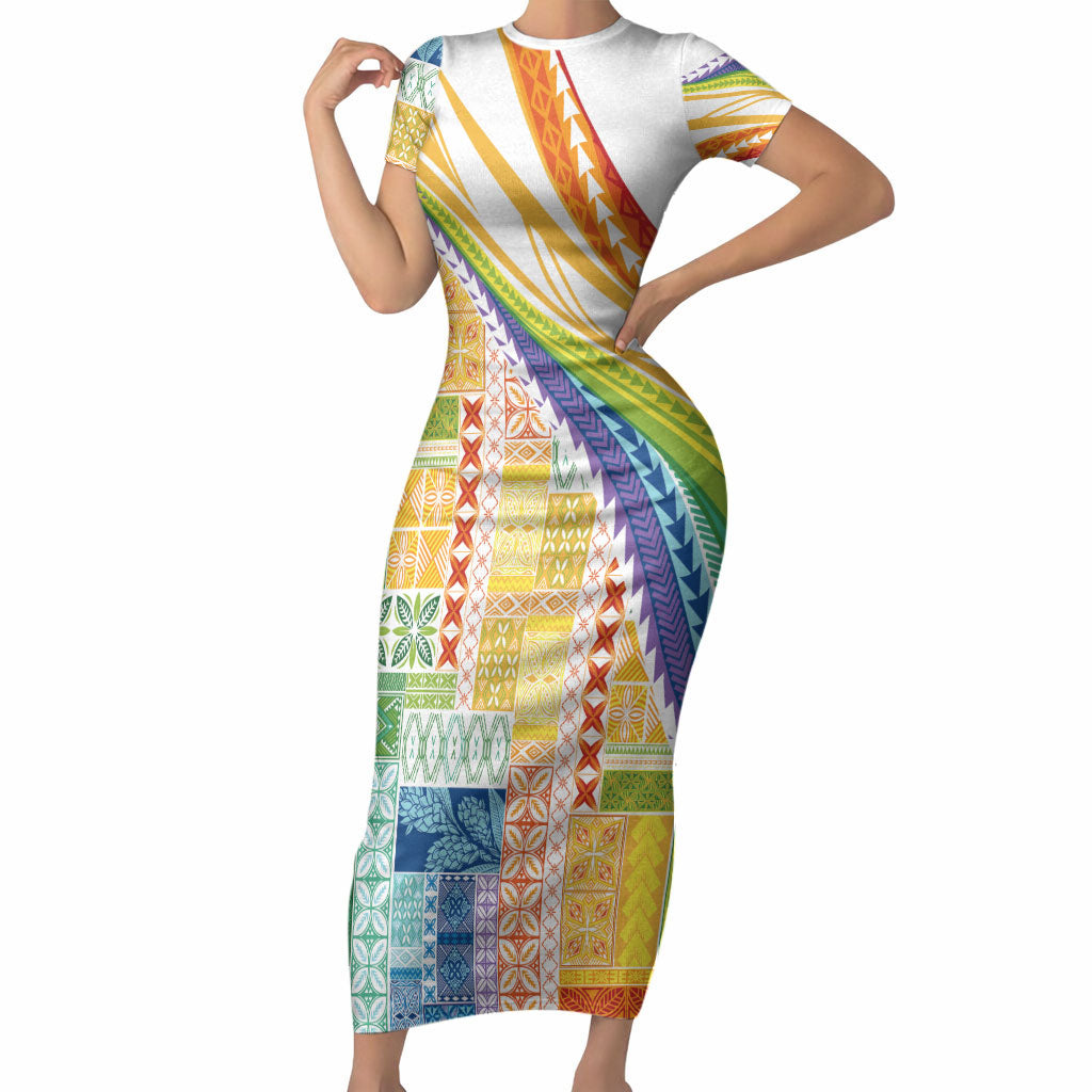 Pasifika Samoa Siapo Malu Tattoo Inspired Short Sleeve Bodycon Dress Fa'afafine Rainbow Theme