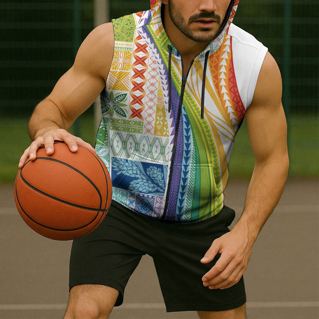 Pasifika Samoa Siapo Malu Tattoo Inspired Sleeveless Zip Hoodie Fa'afafine Rainbow Theme
