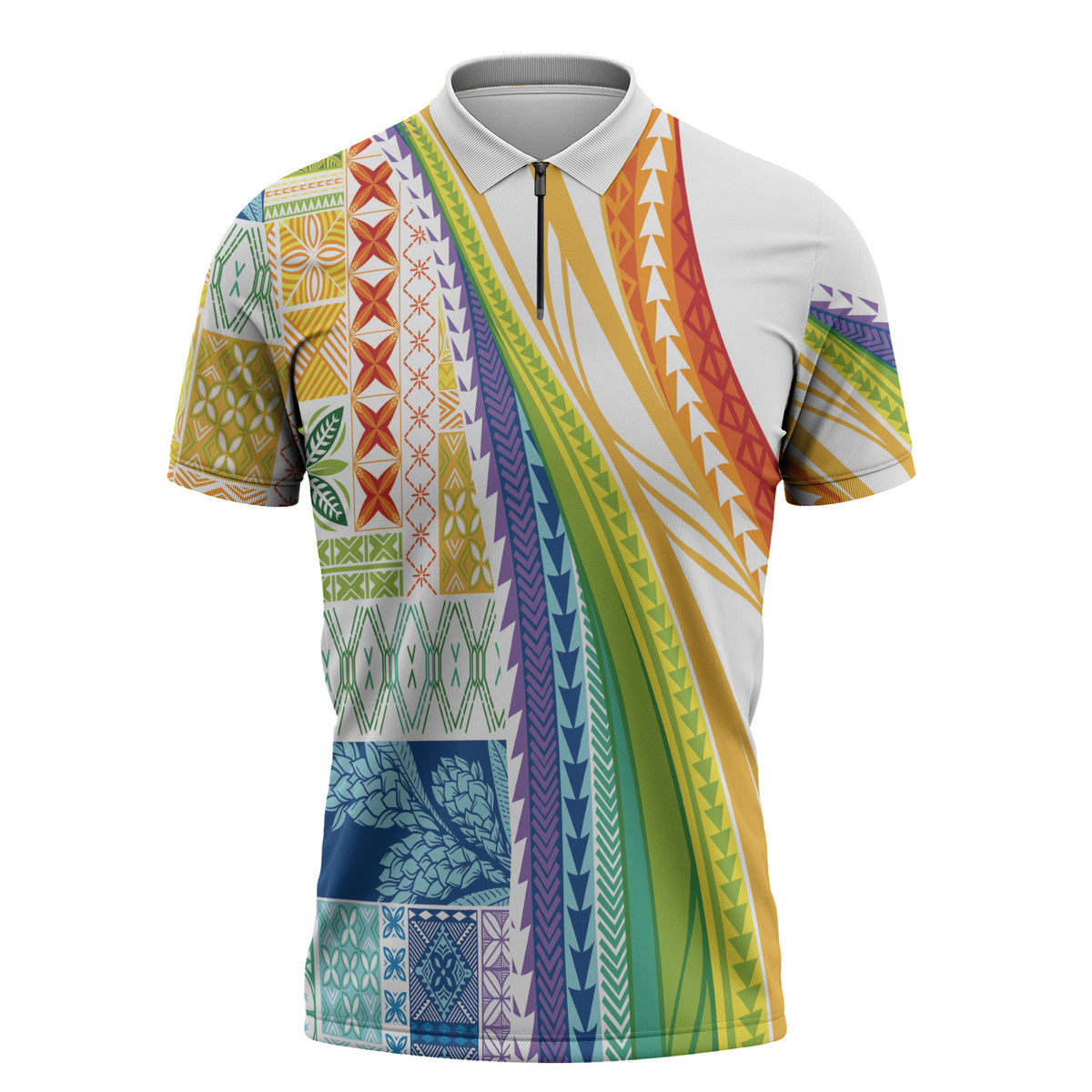 Pasifika Samoa Siapo Malu Tattoo Inspired Zipper Polo Shirt Fa'afafine Rainbow Theme