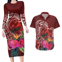 Personalized Samoa Meri Krisimasi Couples Matching Long Sleeve Bodycon Dress and Hawaiian Shirt Segasegamau'u Mix Siapo LT7 Red - Polynesian Pride