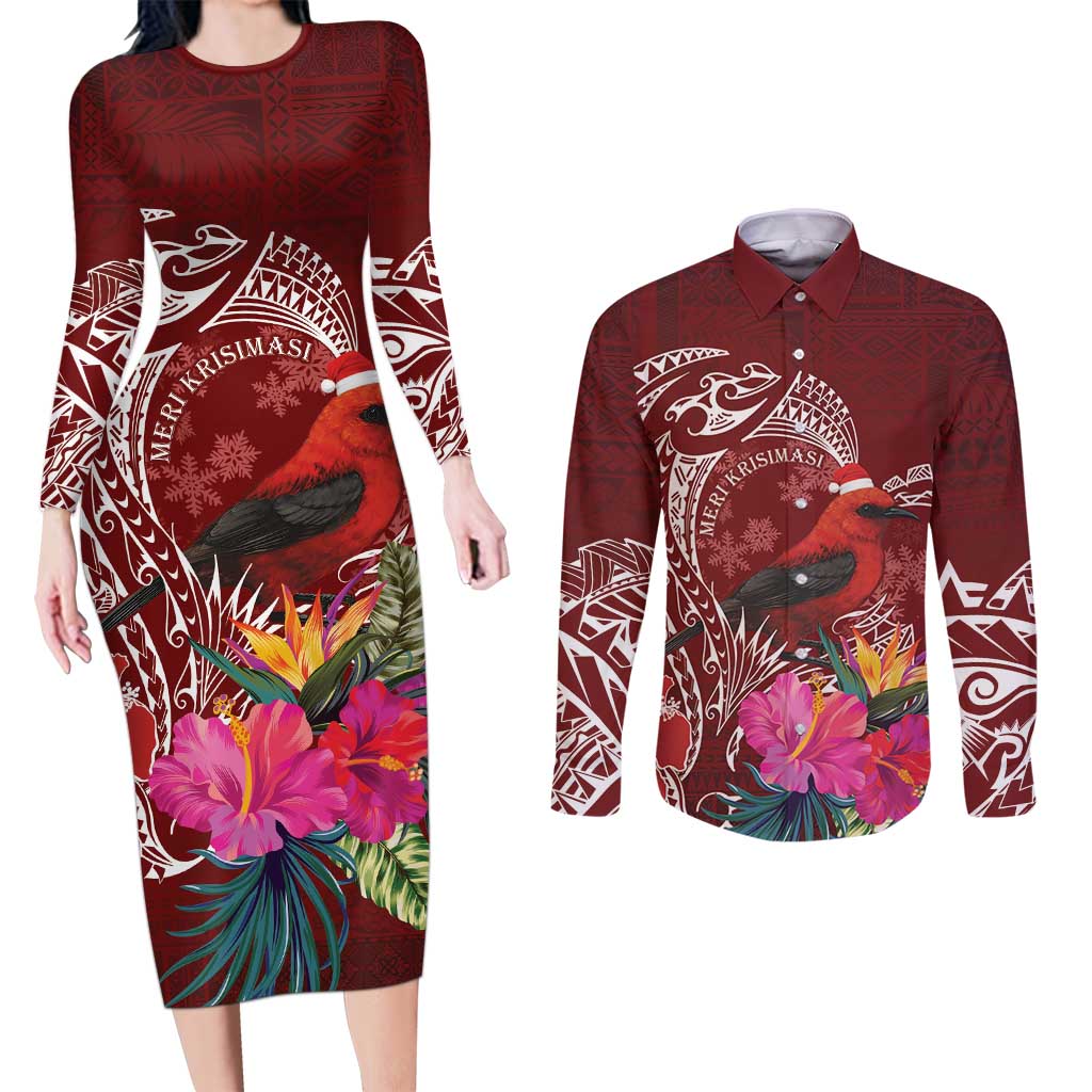 Personalized Samoa Meri Krisimasi Couples Matching Long Sleeve Bodycon Dress and Long Sleeve Button Shirt Segasegamau'u Mix Siapo LT7 Red - Polynesian Pride