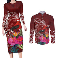 Personalized Samoa Meri Krisimasi Couples Matching Long Sleeve Bodycon Dress and Long Sleeve Button Shirt Segasegamau'u Mix Siapo LT7 Red - Polynesian Pride