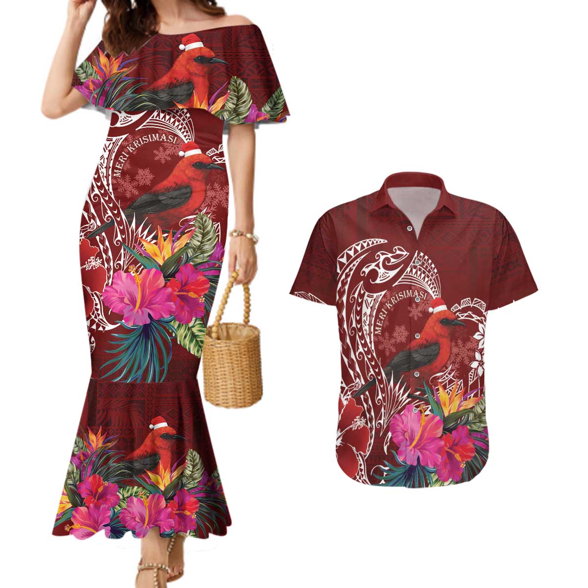 Personalized Samoa Meri Krisimasi Couples Matching Mermaid Dress and Hawaiian Shirt Segasegamau'u Mix Siapo LT7 Red - Polynesian Pride