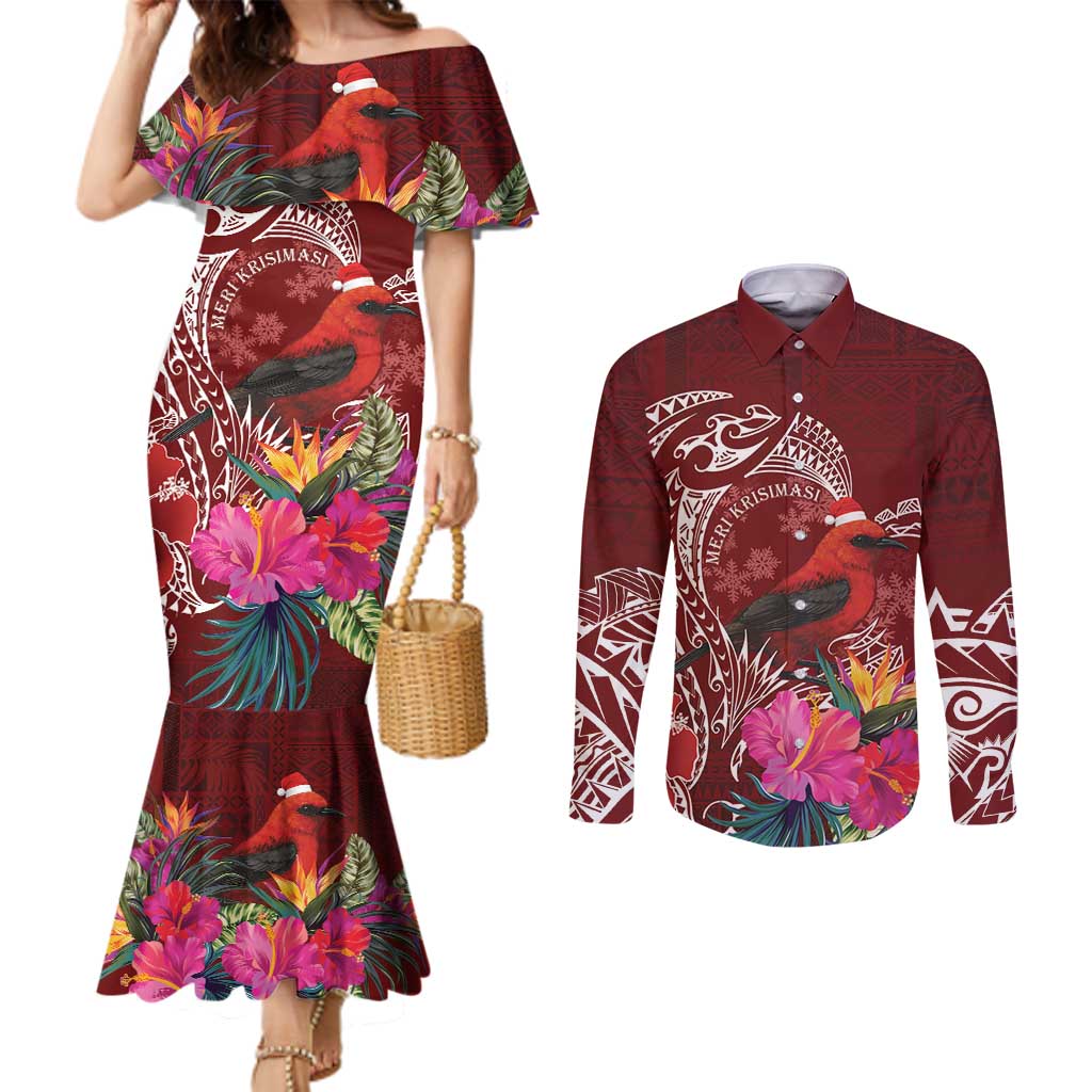 Personalized Samoa Meri Krisimasi Couples Matching Mermaid Dress and Long Sleeve Button Shirt Segasegamau'u Mix Siapo LT7 Red - Polynesian Pride