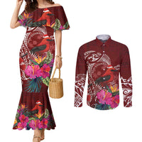 Personalized Samoa Meri Krisimasi Couples Matching Mermaid Dress and Long Sleeve Button Shirt Segasegamau'u Mix Siapo LT7 Red - Polynesian Pride