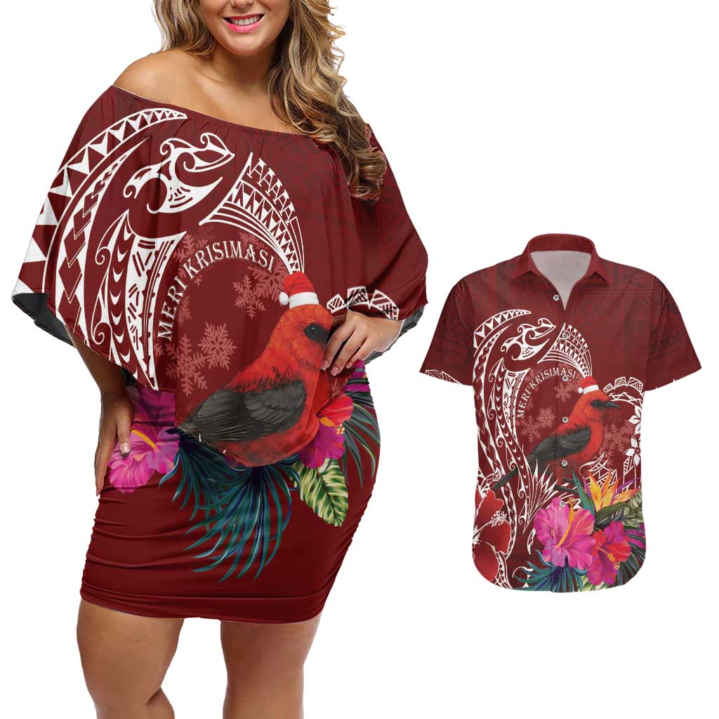 Personalized Samoa Meri Krisimasi Couples Matching Off Shoulder Short Dress and Hawaiian Shirt Segasegamau'u Mix Siapo LT7 Red - Polynesian Pride