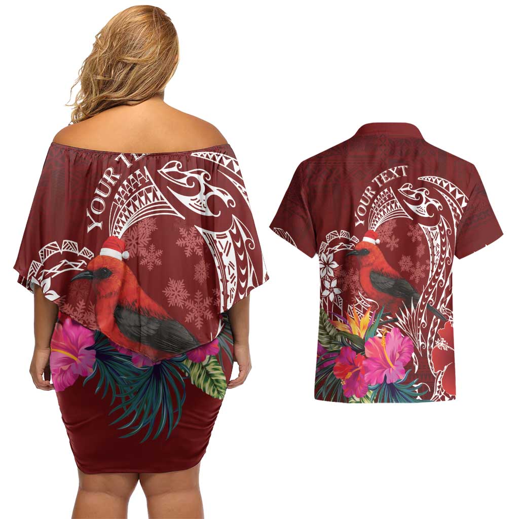 Personalized Samoa Meri Krisimasi Couples Matching Off Shoulder Short Dress and Hawaiian Shirt Segasegamau'u Mix Siapo LT7 - Polynesian Pride