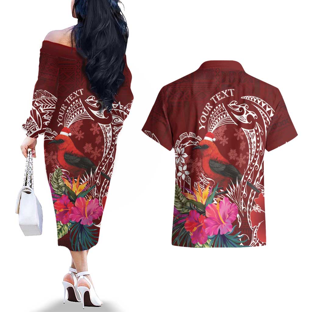 Personalized Samoa Meri Krisimasi Couples Matching Off The Shoulder Long Sleeve Dress and Hawaiian Shirt Segasegamau'u Mix Siapo LT7 - Polynesian Pride