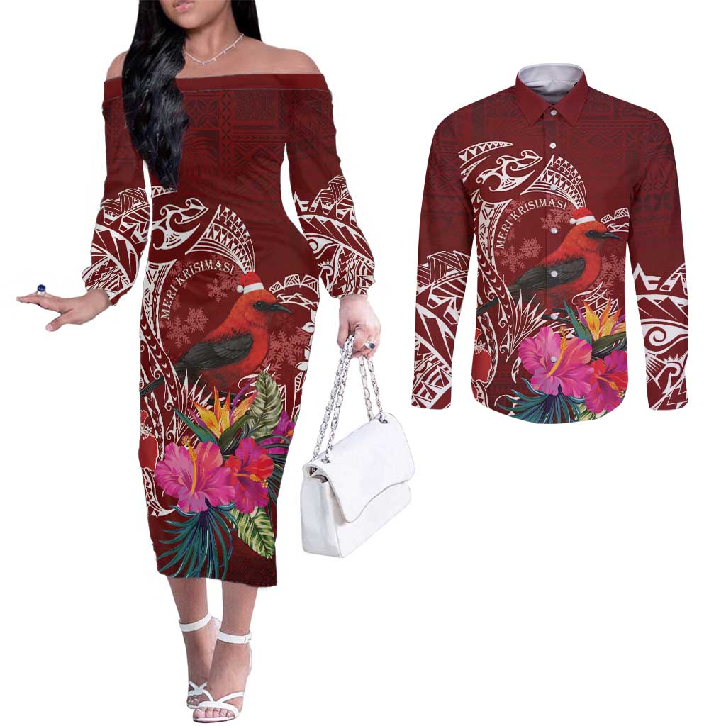 Personalized Samoa Meri Krisimasi Couples Matching Off The Shoulder Long Sleeve Dress and Long Sleeve Button Shirt Segasegamau'u Mix Siapo LT7 Red - Polynesian Pride