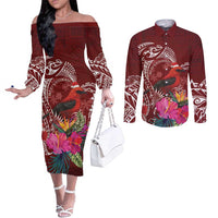 Personalized Samoa Meri Krisimasi Couples Matching Off The Shoulder Long Sleeve Dress and Long Sleeve Button Shirt Segasegamau'u Mix Siapo LT7 Red - Polynesian Pride