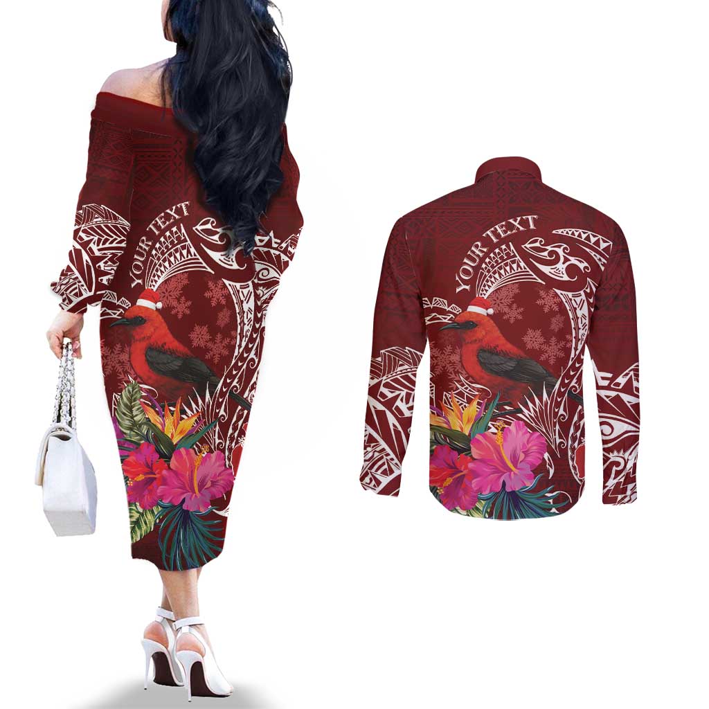 Personalized Samoa Meri Krisimasi Couples Matching Off The Shoulder Long Sleeve Dress and Long Sleeve Button Shirt Segasegamau'u Mix Siapo LT7 - Polynesian Pride