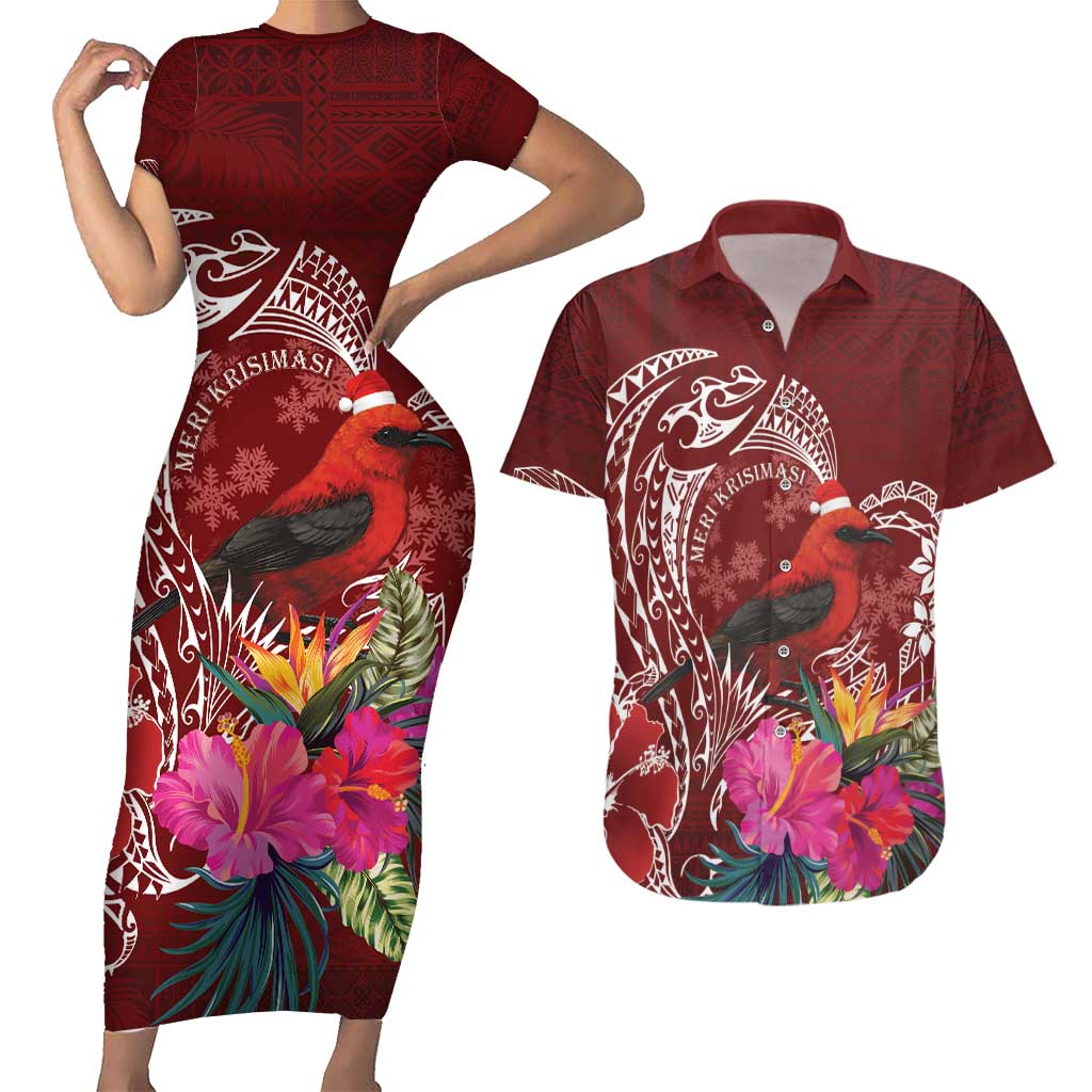 Personalized Samoa Meri Krisimasi Couples Matching Short Sleeve Bodycon Dress and Hawaiian Shirt Segasegamau'u Mix Siapo LT7 Red - Polynesian Pride