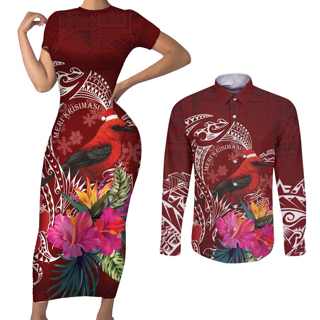 Personalized Samoa Meri Krisimasi Couples Matching Short Sleeve Bodycon Dress and Long Sleeve Button Shirt Segasegamau'u Mix Siapo LT7 Red - Polynesian Pride
