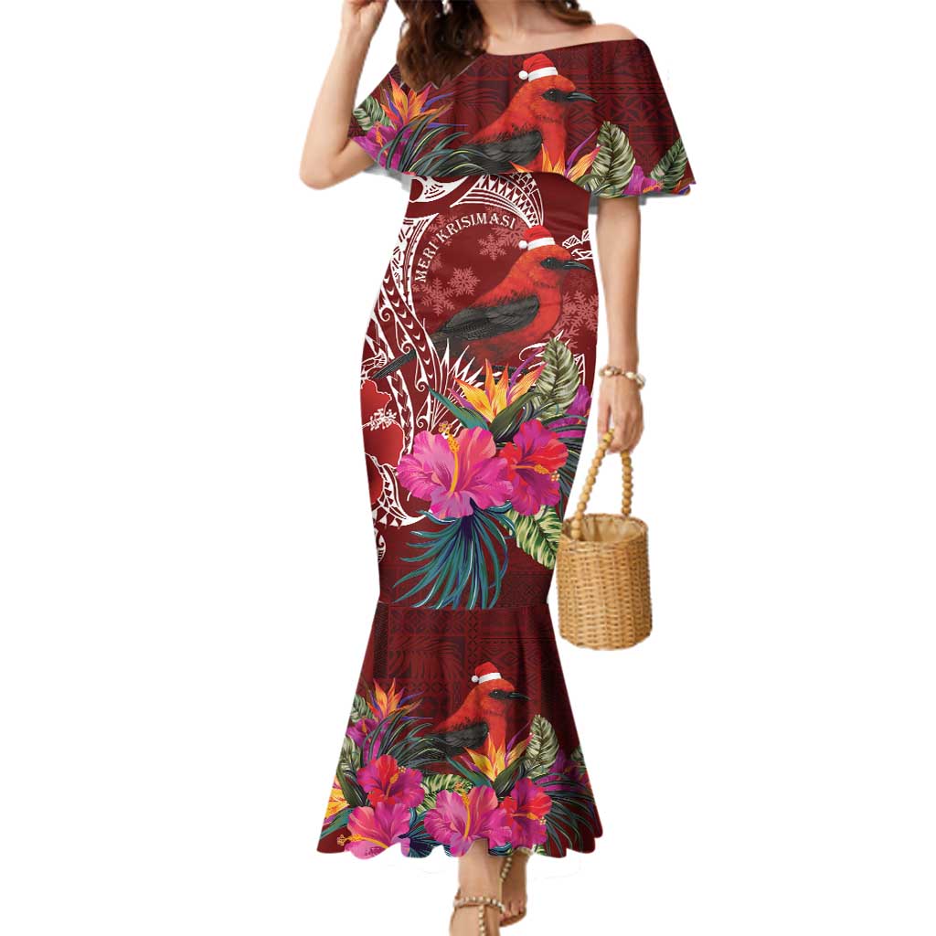 Personalized Samoa Meri Krisimasi Family Matching Mermaid Dress and Hawaiian Shirt Segasegamau'u Mix Siapo LT7 Mom's Dress Red - Polynesian Pride