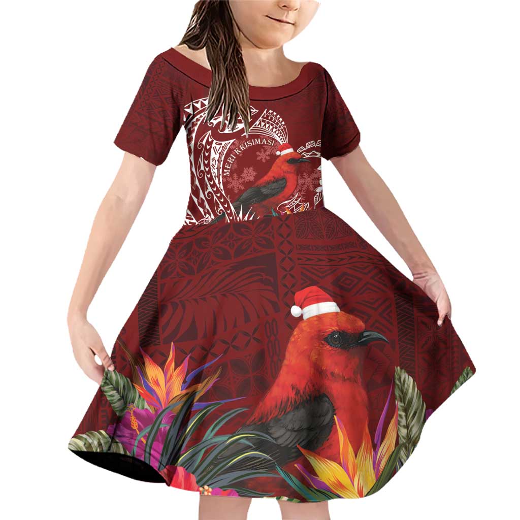 Personalized Samoa Meri Krisimasi Family Matching Off Shoulder Short Dress and Hawaiian Shirt Segasegamau'u Mix Siapo LT7 Daughter's Dress Red - Polynesian Pride