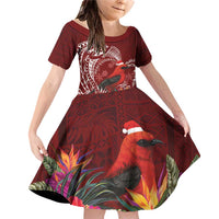 Personalized Samoa Meri Krisimasi Family Matching Off Shoulder Short Dress and Hawaiian Shirt Segasegamau'u Mix Siapo LT7 Daughter's Dress Red - Polynesian Pride