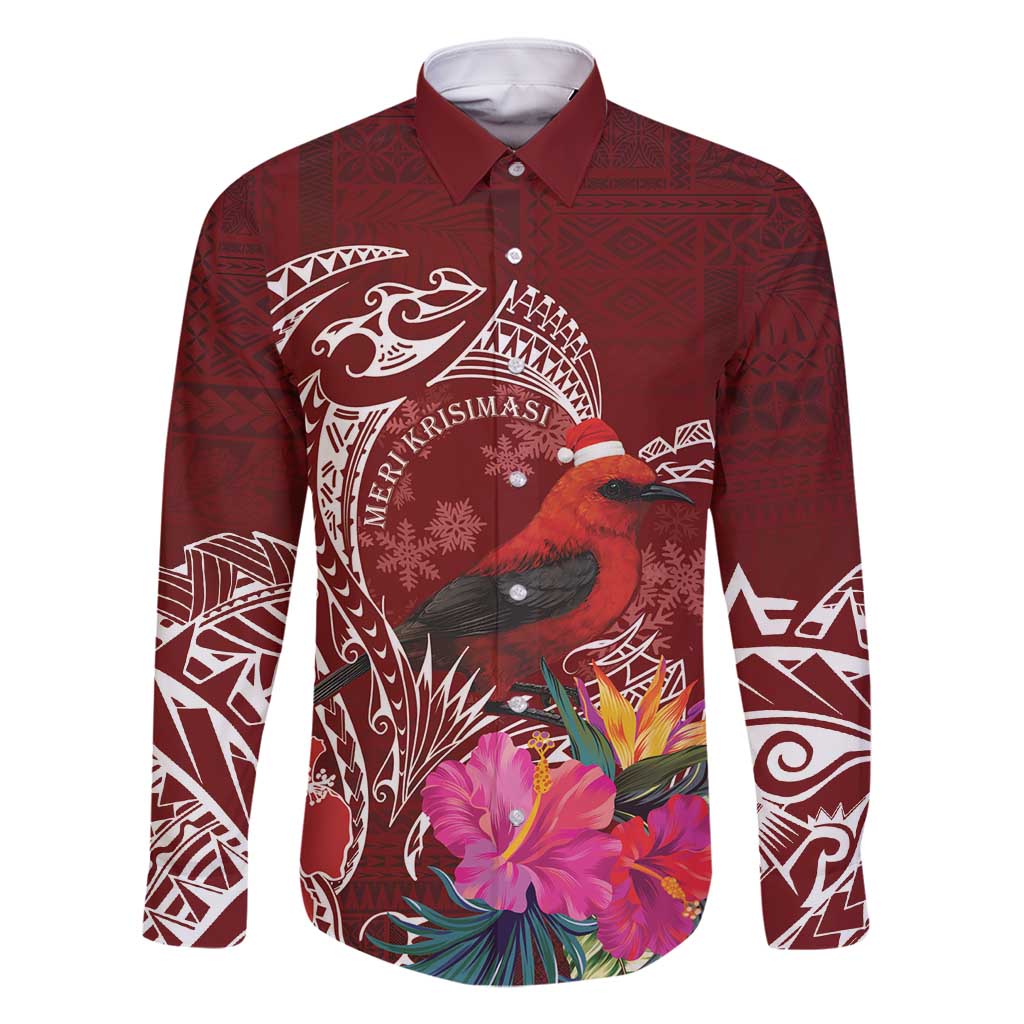 Personalized Samoa Meri Krisimasi Family Matching Off Shoulder Short Dress and Hawaiian Shirt Segasegamau'u Mix Siapo LT7 Dad's Shirt - Long Sleeve Red - Polynesian Pride