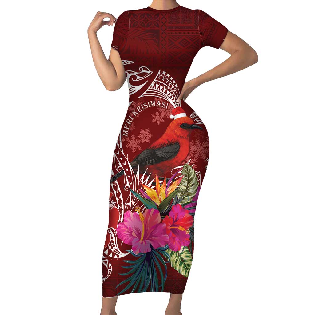 Personalized Samoa Meri Krisimasi Family Matching Short Sleeve Bodycon Dress and Hawaiian Shirt Segasegamau'u Mix Siapo LT7 Mom's Dress Red - Polynesian Pride