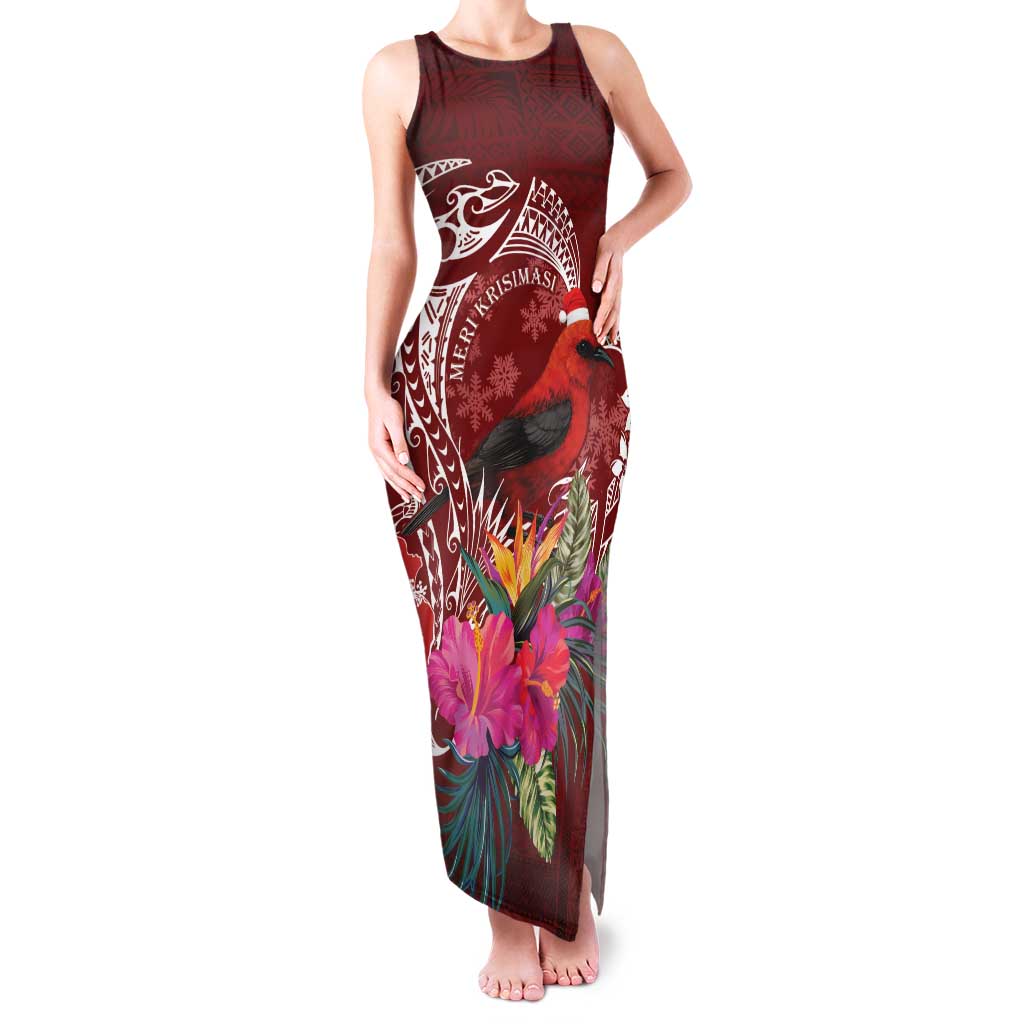 Personalized Samoa Meri Krisimasi Family Matching Tank Maxi Dress and Hawaiian Shirt Segasegamau'u Mix Siapo LT7 Mom's Dress Red - Polynesian Pride