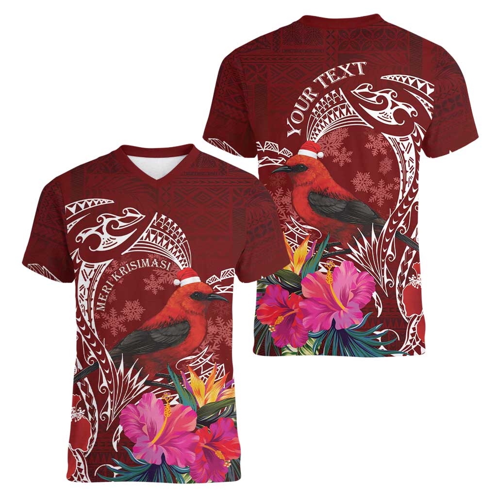 Personalized Samoa Meri Krisimasi Women V-Neck T-Shirt Segasegamau'u Mix Siapo