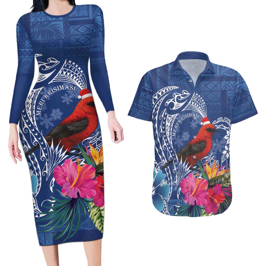 Personalized Samoa Christmas Couples Matching Long Sleeve Bodycon Dress and Hawaiian Shirt Cardinal Honeyeater Mix Siapo LT7 Blue - Polynesian Pride