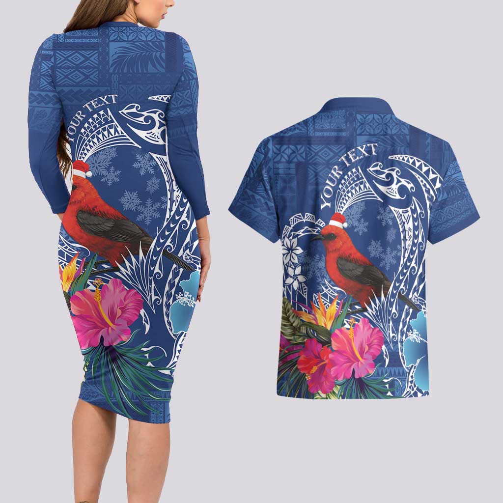 Personalized Samoa Christmas Couples Matching Long Sleeve Bodycon Dress and Hawaiian Shirt Cardinal Honeyeater Mix Siapo LT7 - Polynesian Pride