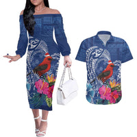 Personalized Samoa Christmas Couples Matching Off The Shoulder Long Sleeve Dress and Hawaiian Shirt Cardinal Honeyeater Mix Siapo LT7 Blue - Polynesian Pride